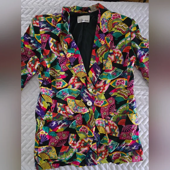 Vintage 100% Silk Dana Buchman Multicolor Fan Pattern Blazer - Picture 4 of 10